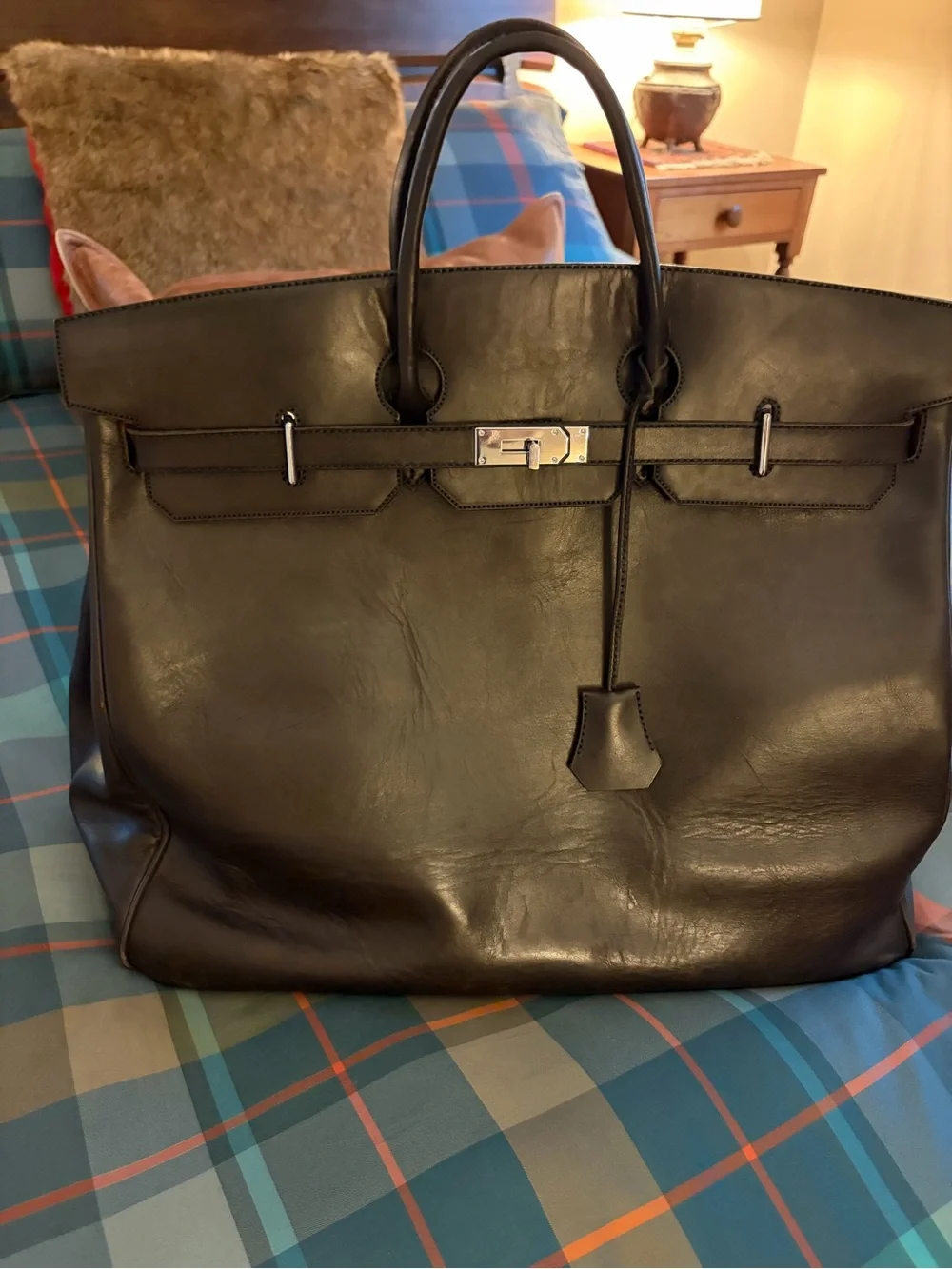 Brown Leather Tote Bag with Silver Hardware